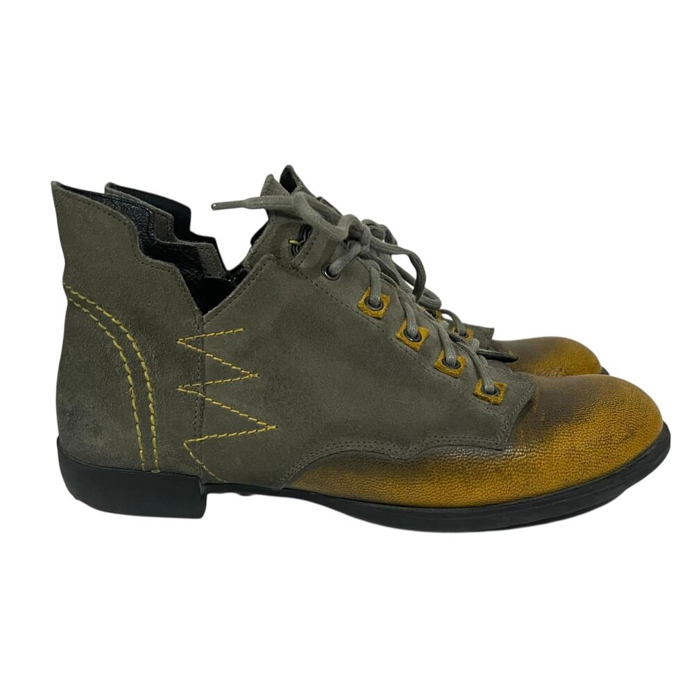 Maciejka Ankle Boots Leather Flats Gray Yellow Vintage-Look Lace Up Zipper Sz 8